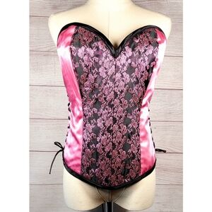 Corset Black Pink Lace Up Bustier Top Brocade Floral Satin Tie Size M/L Sexy